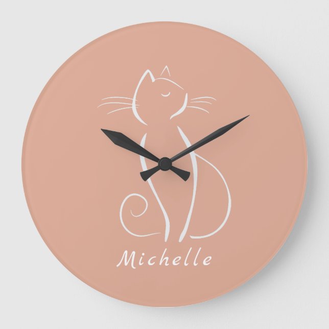 Minimalistische weiße Katze auf rosa Name hinzufüg Große Wanduhr (Vorderseite)