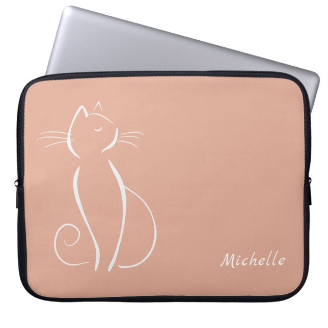 Minimalistische weiße Katze auf rosa Name hinzufüg Laptopschutzhülle (Vorderseite)