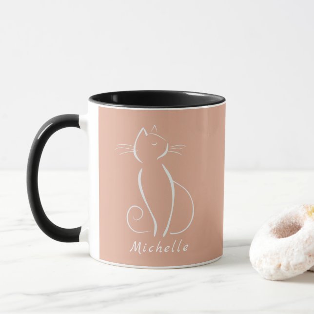 Minimalistische weiße Katze auf rosa Tasse hinzufü (Mit Donut)