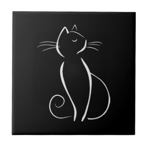 Minimalistische weiße Katze auf schwarz Fliese