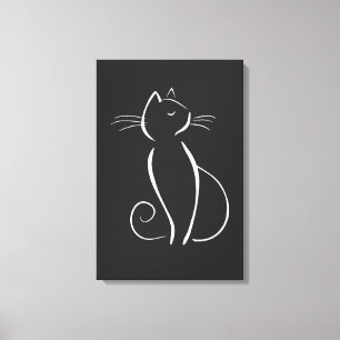 Minimalistische weiße Katze auf schwarz Leinwanddruck