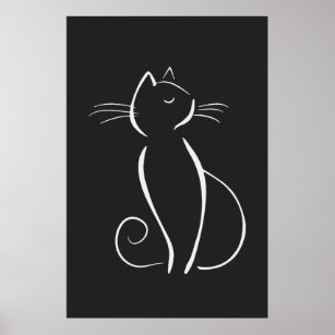 Minimalistische weiße Katze auf schwarz Poster