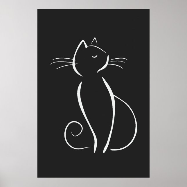 Minimalistische weiße Katze auf schwarz Poster (Vorne)