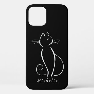 Minimalistische weiße Katze auf schwarzem Namen Case-Mate iPhone Hülle