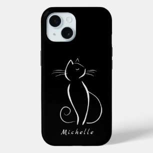 Minimalistische weiße Katze auf schwarzem Namen Case-Mate iPhone Hülle