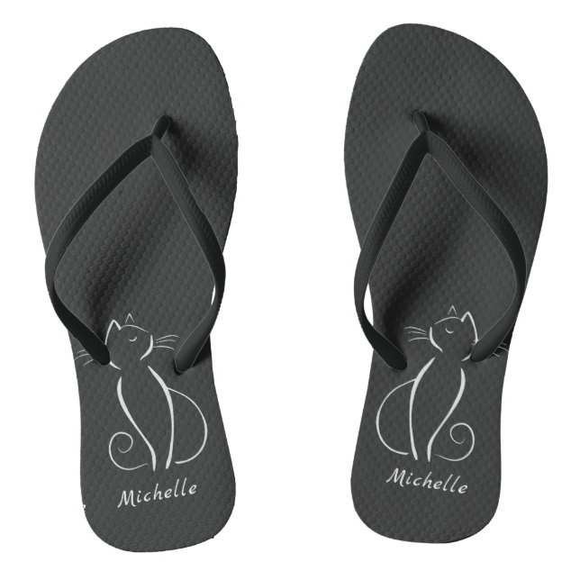 Minimalistische weiße Katze auf schwarzem Namen Flip Flops (Fußbett)