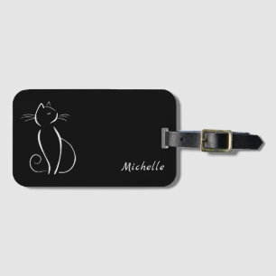Minimalistische weiße Katze auf schwarzem Namen Gepäckanhänger