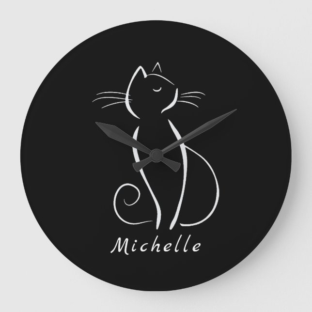 Minimalistische weiße Katze auf schwarzem Namen Große Wanduhr (Vorderseite)