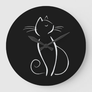 Minimalistische weiße Katze auf schwarzem Namen Große Wanduhr