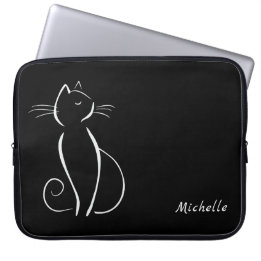 Minimalistische weiße Katze auf schwarzem Namen Laptopschutzhülle