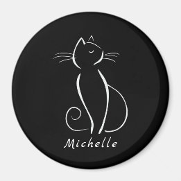 Minimalistische weiße Katze auf schwarzem Namen Magnet