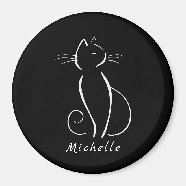 Minimalistische weiße Katze auf schwarzem Namen Magnet (Vorne)