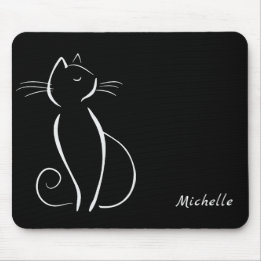 Minimalistische weiße Katze auf schwarzem Namen Mousepad