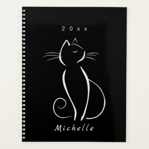 Minimalistische weiße Katze auf schwarzem Namen Planer