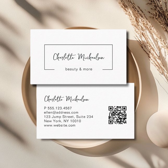 Minimalistische weiße QR-Code-Handschrift Visitenkarte (Minimal Handwriting White QR Code Business Card)