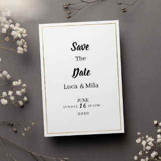 Minimalistische weiße und goldene Typografie Save Einladung