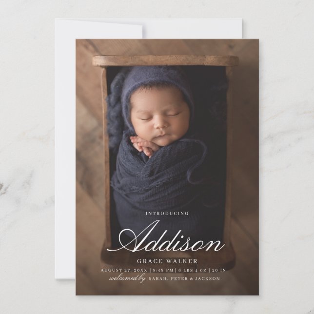 Minimalistische Weißkalligraphie 6 Fotos Geburt Ankündigung (Vorderseite)