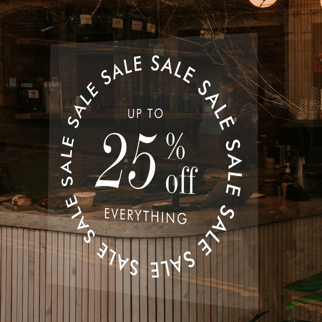 Minimalistische Werbeaktion von White Business Sal Fensteraufkleber (Modern boutique sale window cling with white letters on transparent decal)