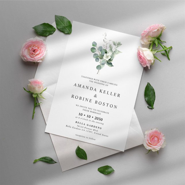 Minimalistische White Floral & Eukalyptus Wedding Einladung (Von Creator hochgeladen)