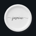 Minimalistische White Girly Calligraphy Monogram S Pappteller<br><div class="desc">Moderne Minimalistische, elegante White Feminine Monogram Name Script Signature Custom Personalisiert Paper Teller. Dieses Design mit Ihrem Vornamen in einem hübschen handgeschriebenen Stil Swash Schwanz Schriftart Signatur Typografie (oder Kalligrafie) in schwarz auf weißem Hintergrund. Diese sind einfach zu anpassen. Ideal für die Hauswärmung, auch für Geburtstag, Hochzeit, 16 Geburtstagsparty, Junggeselinnen-Abschied,...</div>