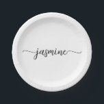 Minimalistische White Girly Calligraphy Monogram S Pappteller<br><div class="desc">Moderne Minimalistische, elegante White Feminine Monogram Name Script Signature Custom Personalisiert Paper Teller. Dieses Design mit Ihrem Vornamen in einem hübschen handgeschriebenen Stil Swash Schwanz Schriftart Signatur Typografie (oder Kalligrafie) in schwarz auf weißem Hintergrund. Diese sind einfach zu anpassen. Ideal für die Hauswärmung, auch für Geburtstag, Hochzeit, 16 Geburtstagsparty, Junggeselinnen-Abschied,...</div>