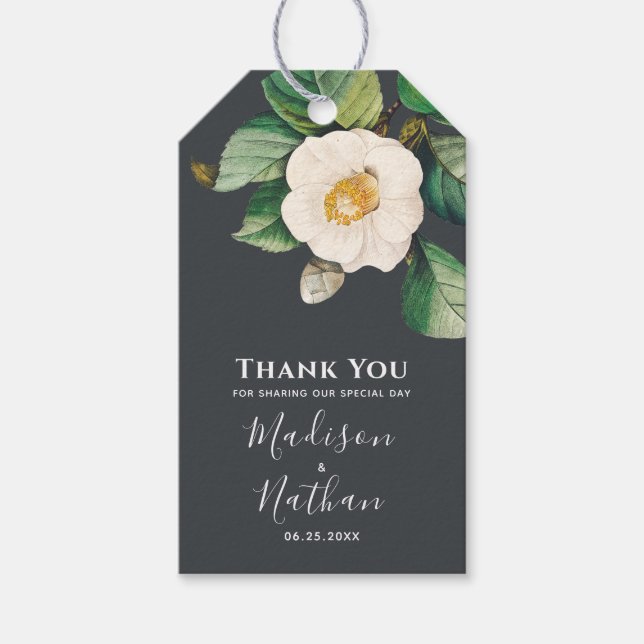 Minimalistische White Japanese Camellia Wedding Geschenkanhänger (Vorderseite)