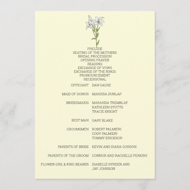 Minimalistische White Lily Wedding Programm (Vorderseite)