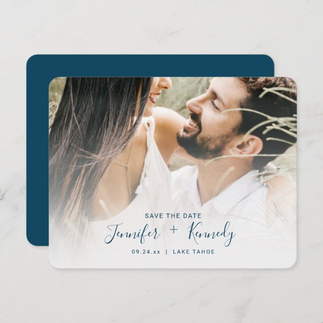 Minimalistische White Overlay Navy Blue Text & Fot Save The Date (Vorne/Hinten)