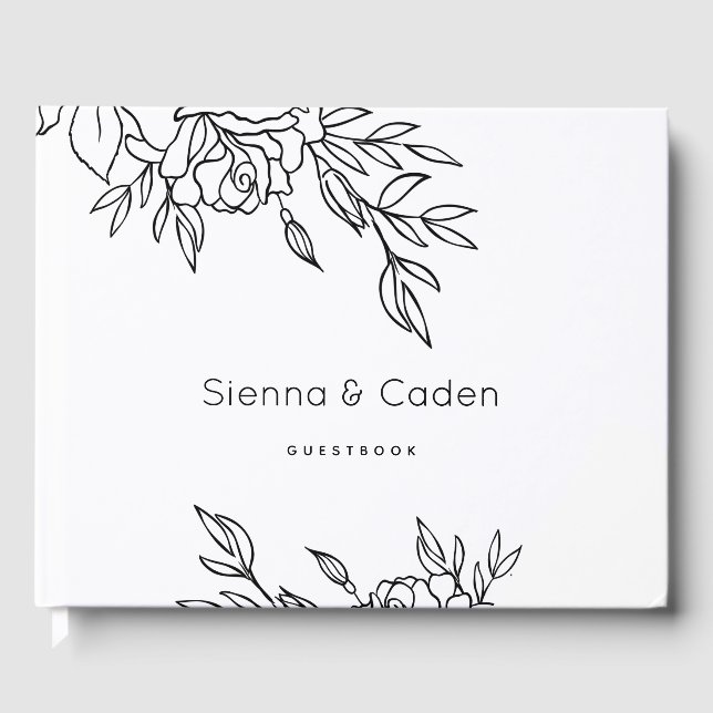 Minimalistische White Roses Line Art Wedding Gästebuch (Vorderseite)