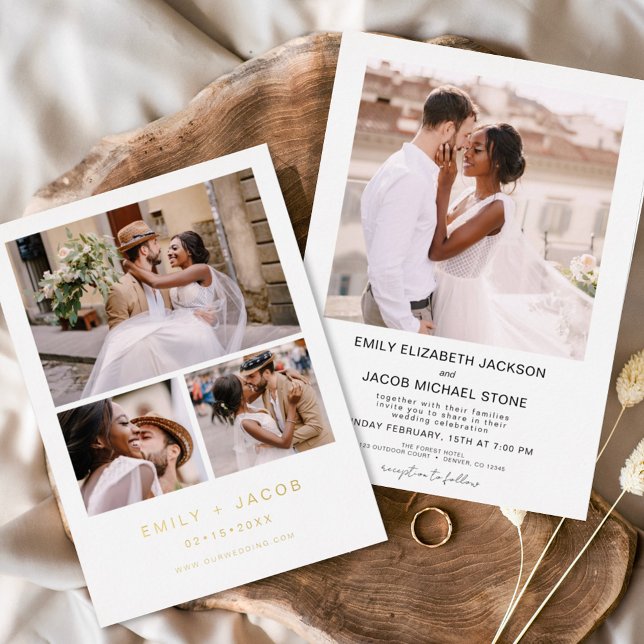 Minimalistische White Wedding Elegante Vier-Foto G Folieneinladung (Von Creator hochgeladen)