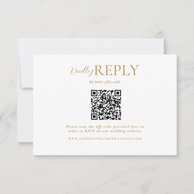 Minimalistische WhiteGold QR Code-Kalligrafie RSVP Karte (Vorderseite)