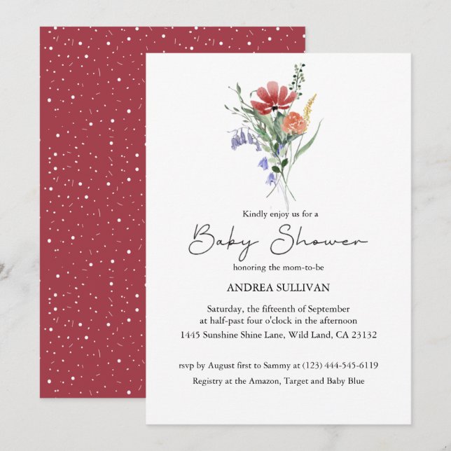 Minimalistische Wildblume Dunkelrosa Kinderdusche Einladung (Vorne/Hinten)