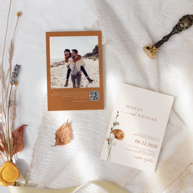 Minimalistische Wildblume Foto Burnt Orange Hochze Einladung (Von Creator hochgeladen)