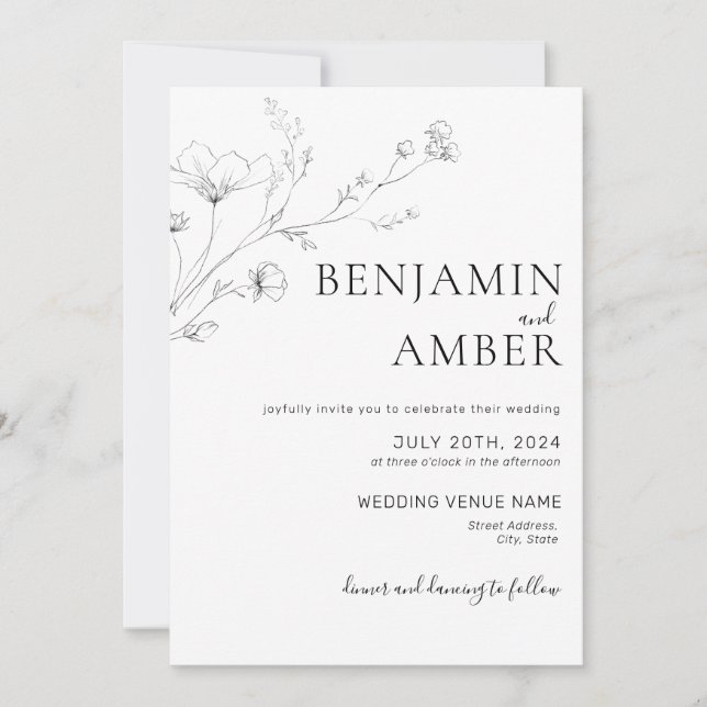 Minimalistische Wildblume Lineart Zeichnend Boho W Einladung (Vorderseite)