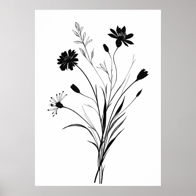 Minimalistische Wildblumen Schwarzweiß-Blume Poster (Vorne)