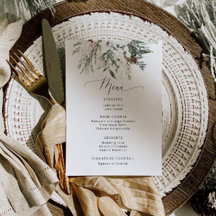 Minimalistische winterliche Immergrün-Hochzeit Menükarte