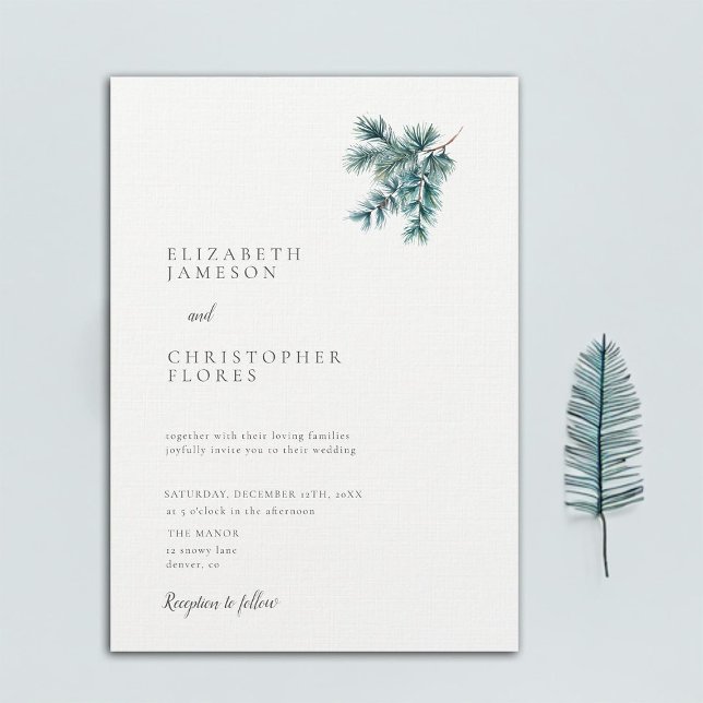 Minimalistische Winterpine Botanische Hochzeit Einladung (minimalist winter wedding invitation pine tree branch botanical mountain holidays snow elegant)