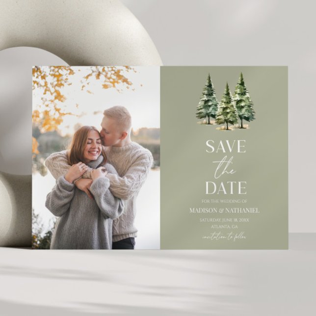 Minimalistische Winterschnee Pine Trees Foto Hochz Save The Date (Von Creator hochgeladen)