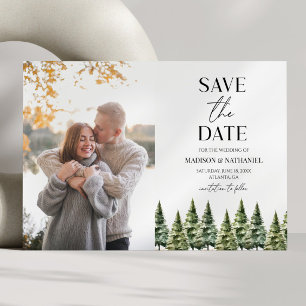 Minimalistische Winterschnee Pine Trees Foto Hochz Save The Date