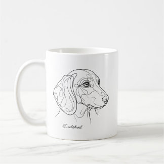 Minimalistische Zeichnung einer Dachshund-Linie mi Kaffeetasse