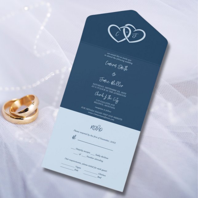 Minimalistische zwei Herz miteinander verbunden &  All In One Einladung (Minimalist Two Hearts Intertwined & Initials Blue All In One Invitation)
