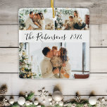 Minimalistischen 3 Familienfoto Collage Weihnachte Keramikornament<br><div class="desc">Moderne einfache Elegante Kalligraphie Schwarz-weiß 3 Familienfotografie Collage Frohe Weihnachts-Script Keramik Ornament. Dieses festliche, minimalistische, skurrile Drei-Foto-Urlaubsornament verfügt über eine hübsche Grid-Foto-Collage und Familienname und Jahr! Der Familienname wird in einem handgeschriebenen Wirblen Schriftart-Skript in schwarz auf weißem Hintergrund geschrieben. Auf der Rückseite ein Foto mit Familienname. Hübscher Sake für Ihre...</div>