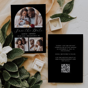 Minimalistischer 3-Foto-Arch-QR-Code Schwarzweiß Save The Date