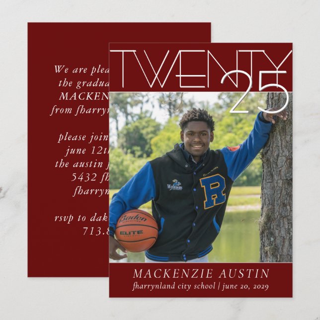 Minimalistischer Abschluss | Dunkelrotes und weiße Einladung (Vorne/Hinten)