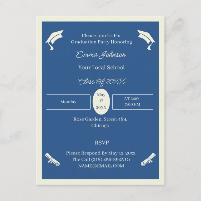 Minimalistischer Abschluss in Beige und Blau Ankündigungspostkarte (Vorderseite)