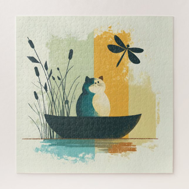 Minimalistischer Abstrakter Chubby-See Weiße Katze Puzzle (Vertikal)