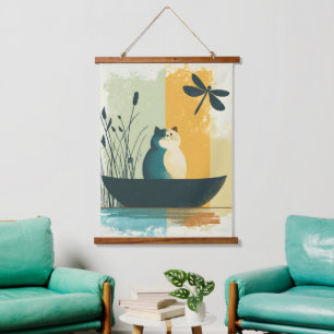 Minimalistischer Abstrakter Chubby-See Weiße Katze Wandteppich Mit Holzrahmen