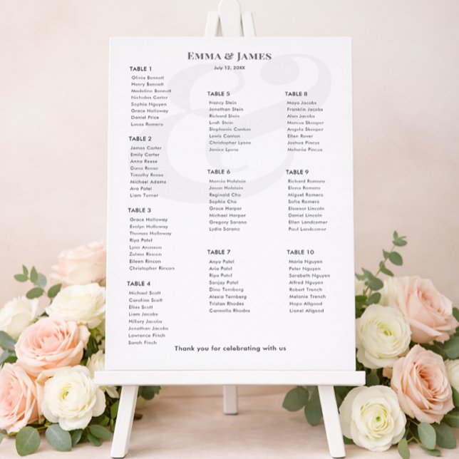 Minimalistischer Ampersand-Hochzeit | 10 Sitzplan Poster (Modern wedding stationery set featuring invitations, RSVP cards, and a floral seating chart display.)