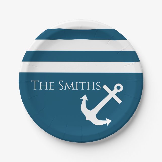 Minimalistischer Anker und Streifen Pappteller (Vorderseite)