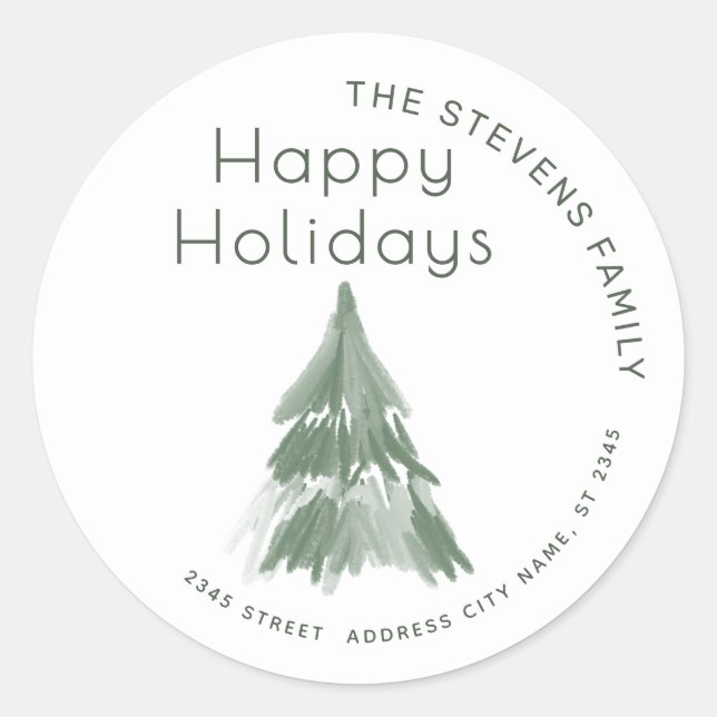 Minimalistischer Aquarellbaum Happy Holidays Runder Aufkleber (Vorderseite)